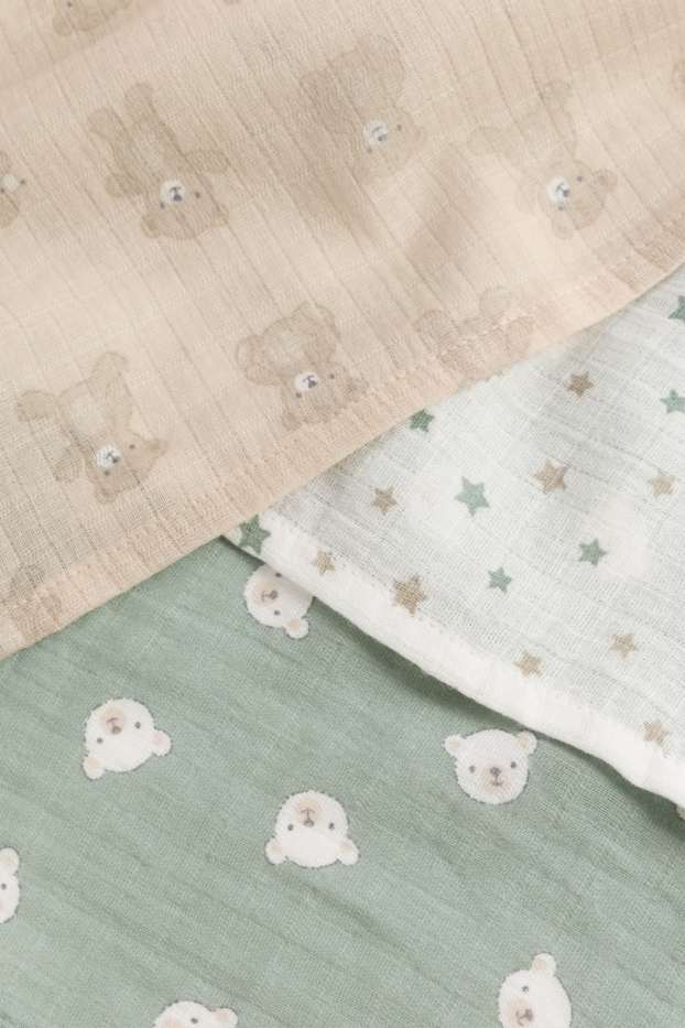 Baby: jongens - Set van 3 - teddybeer - hydrofiel babydoekje - beige / groen