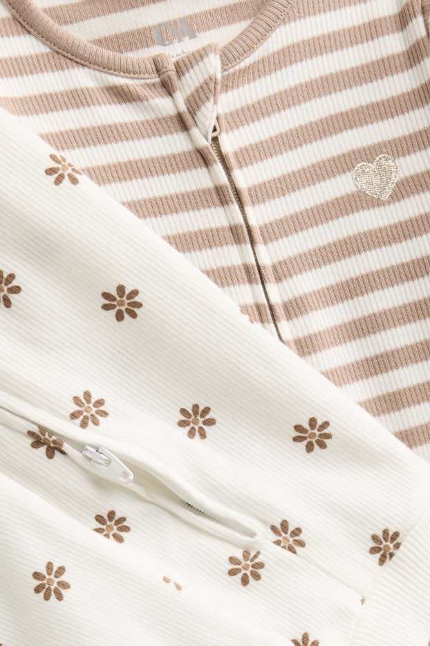 Baby: meisjes - Set van 2 - bloemetjes - babypyjama - geribd - crèmekleurig