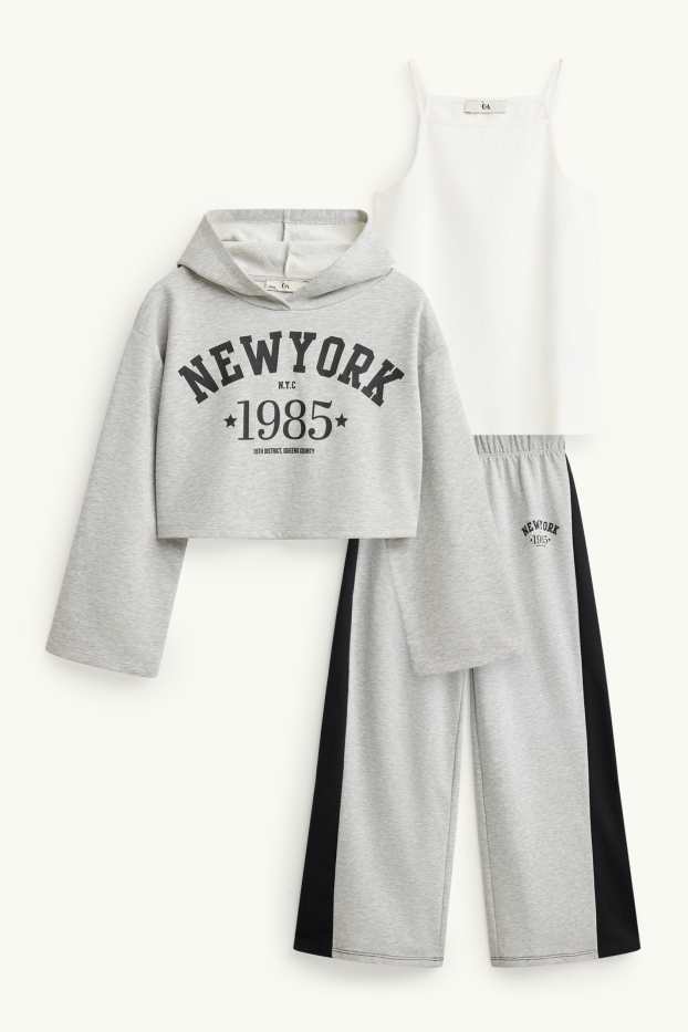 Kinder Mädchen - New York - Set - Hoodie, Top, Jogginghose - 3 teilig - grau-melange