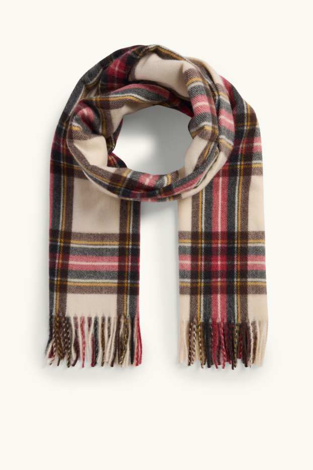 Dames - Sjaal met franjes - geruit - beige