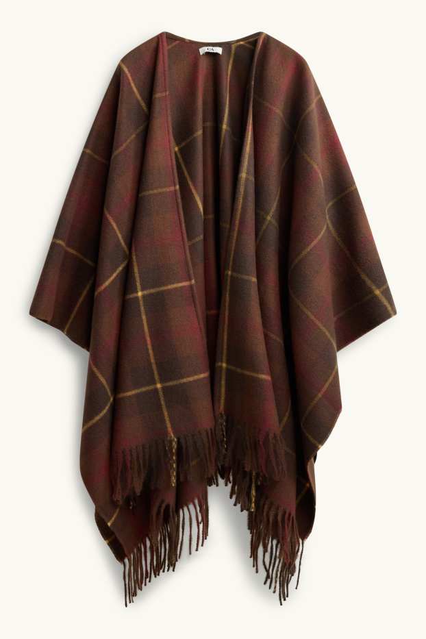Dames - Poncho met franjes - geruit - bruin / geel