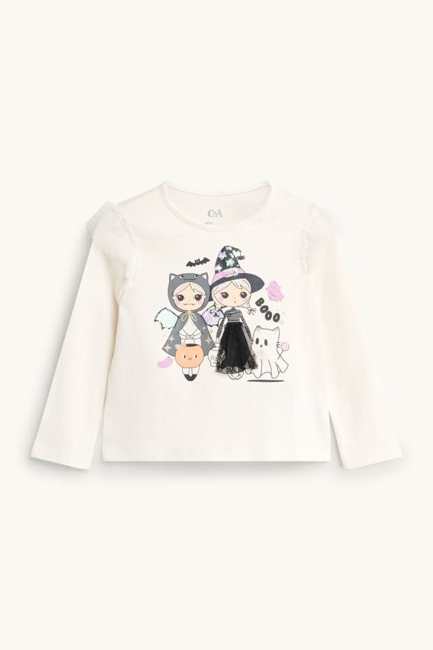 Bambine - Halloween - bambina, fantasma - maglia a maniche lunghe - effetto brillante - bianco crema