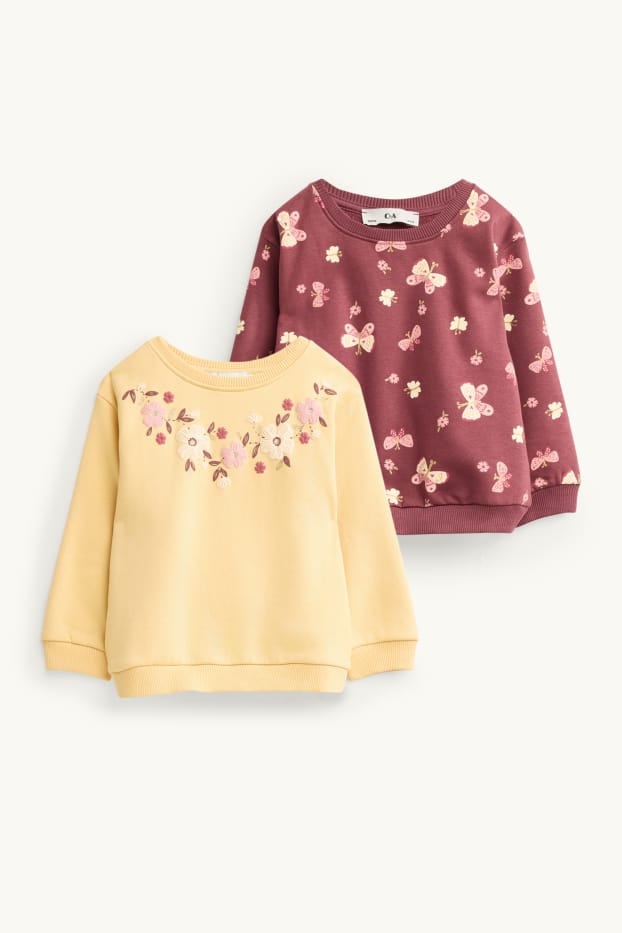 Kinderen: meisjes - Set van 2 - bloem en vlinder - sweatshirt - lichtgeel