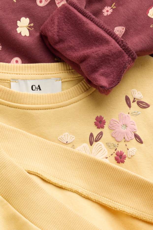 Kinderen: meisjes - Set van 2 - bloem en vlinder - sweatshirt - lichtgeel