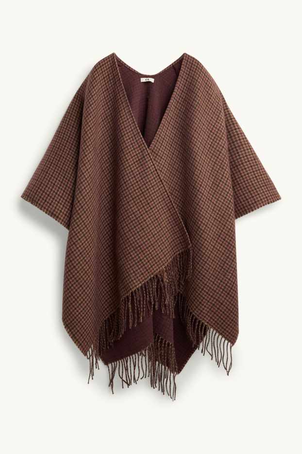 Femmes - Poncho à franges - à carreaux - marron / beige