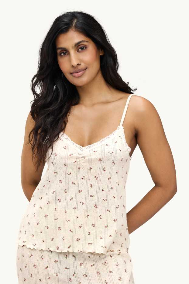 Damen - Pointelle-Pyjama - geblümt - cremeweiss