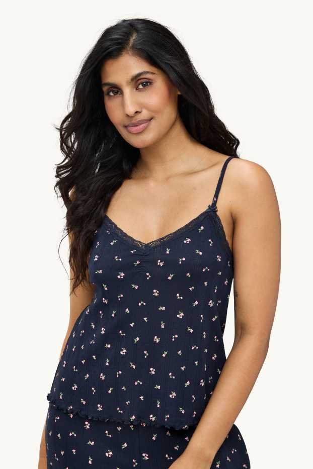 Dona - Pijama de teixit d'ordit calat - de flors - blau fosc