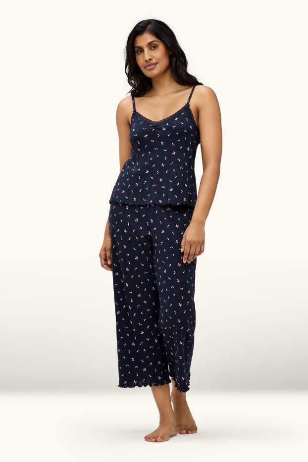 Dona - Pijama de teixit d'ordit calat - de flors - blau fosc