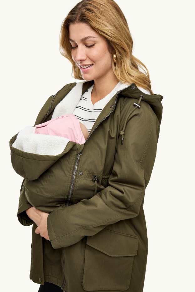 Donna - Parka tecnico premaman con cappuccio e inserto porta-bebè - verde scuro
