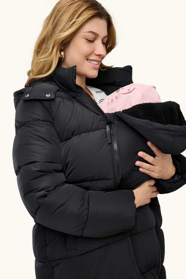 Femmes - Parka de sport de grossesse avec capuche et empiècement porte-bébé - noir