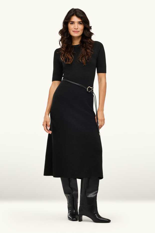 Dames - Gebreide jurk met ceintuur - straight fit - zwart