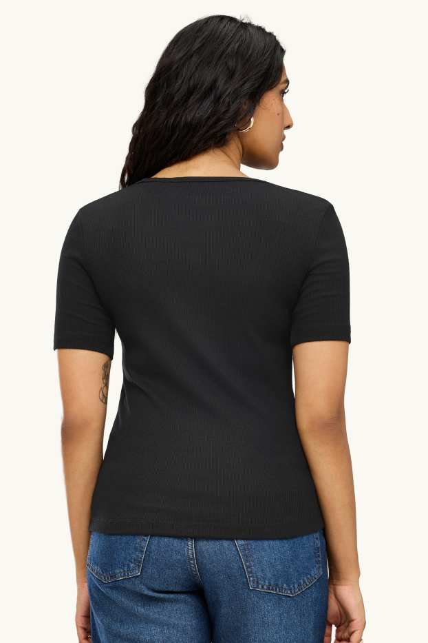 Damen - T-Shirt - Slim Fit - gerippt - schwarz