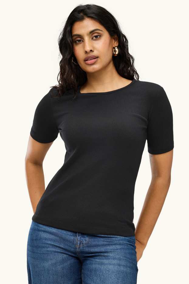 Damen - T-Shirt - Slim Fit - gerippt - schwarz