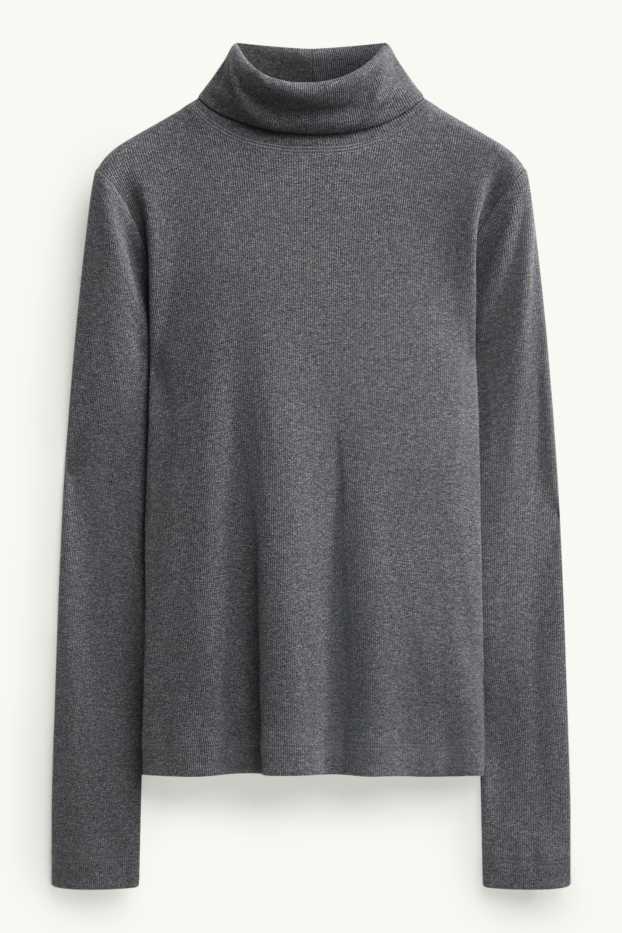 Damen - Rollkragenshirt - gerippt - dunkelgrau-melange