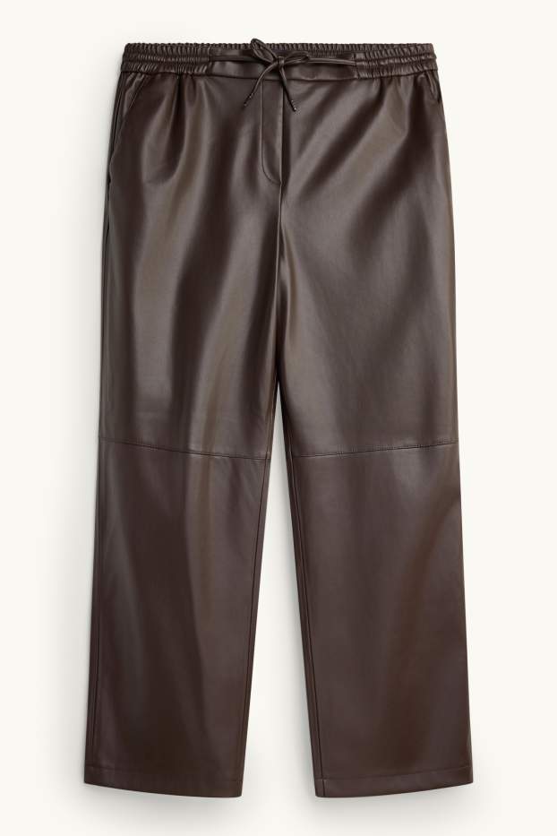 Femei - Pantaloni de stofă - talie medie - straight leg - imitație de piele - maro închis