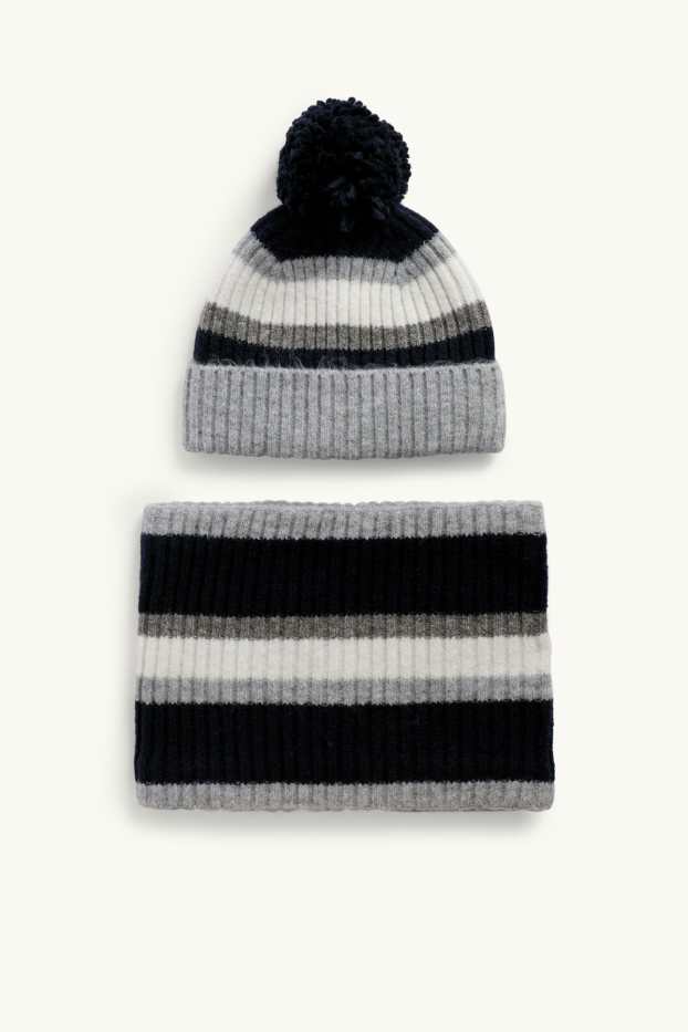 Bambini - Set - berretto con pompon e scaldacollo - a coste - 2 pezzi - grigio / nero