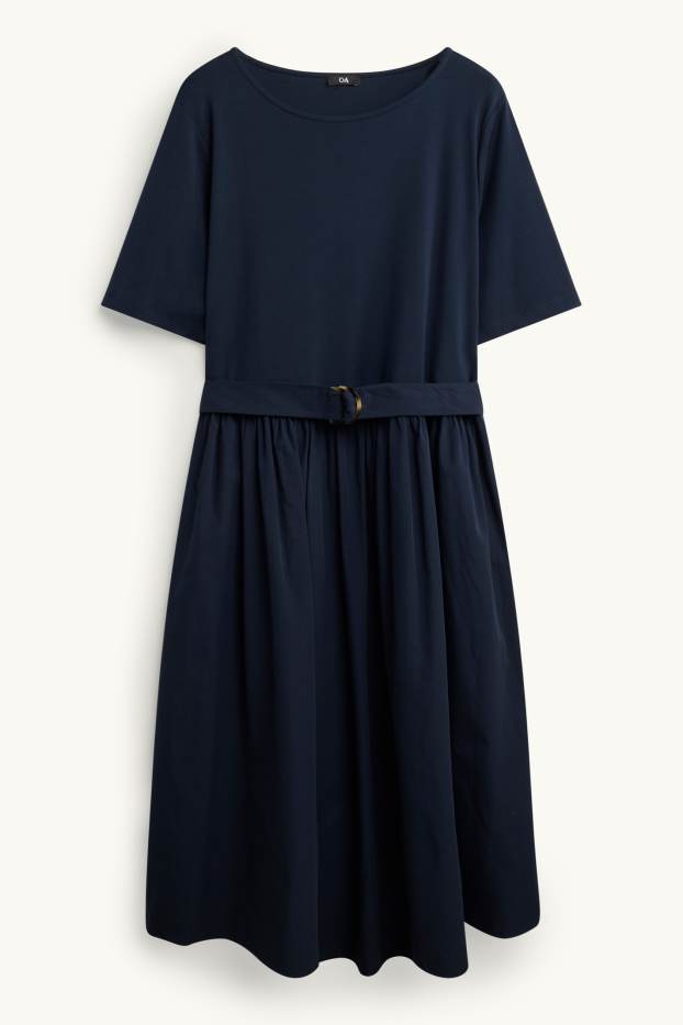 Damen - Fit & Flare Kleid mit Gürtel - dunkelblau