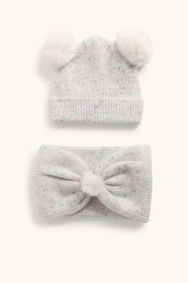 Enfants filles - Ensemble - bonnet et bandeau - finition côtelée - 2 pièces - gris chiné