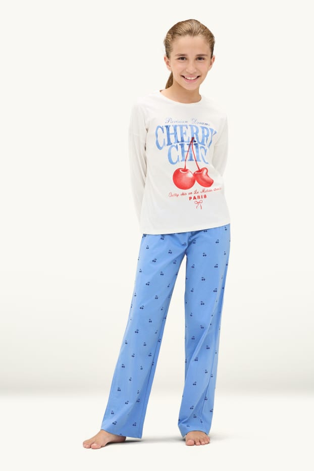 Copii - Fete - Cireașă - pijama - 2 piese - alb / albastru