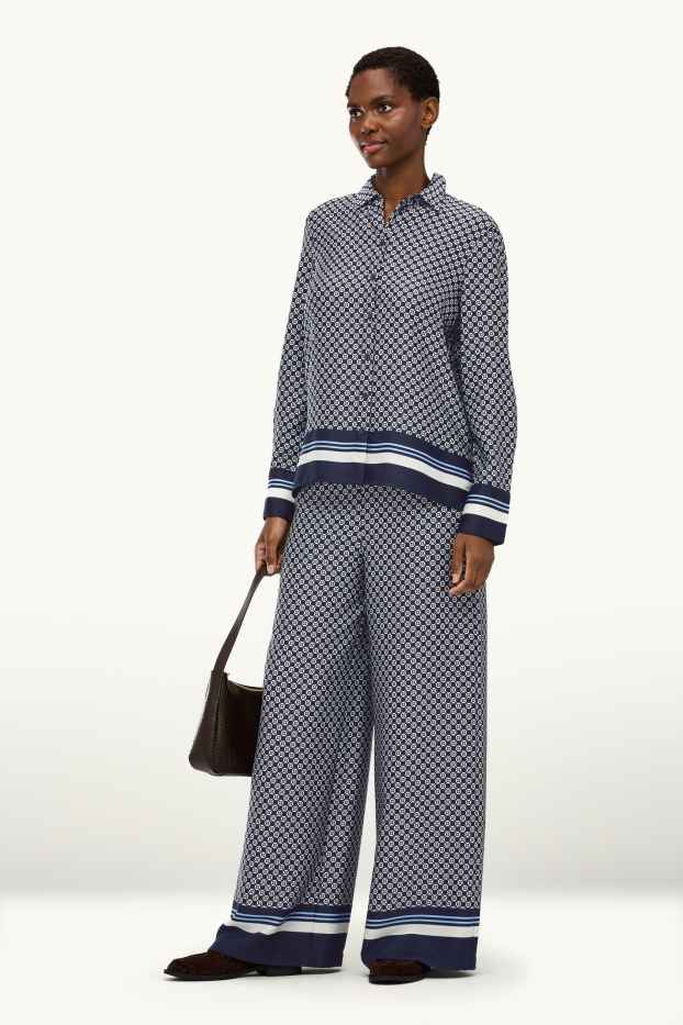 Femei - Pantaloni de stofă - talie înaltă - palazzo - cu model - albastru închis / alb
