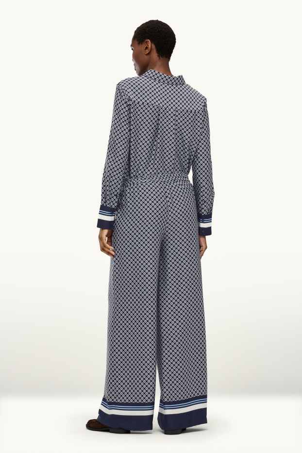 Femei - Pantaloni de stofă - talie înaltă - palazzo - cu model - albastru închis / alb