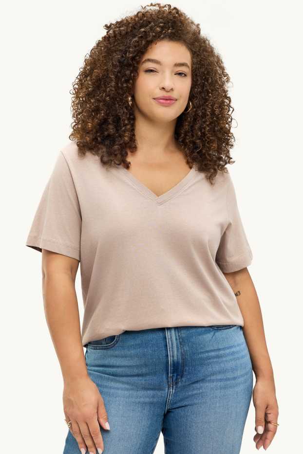 Women - V-neck T-shirt - regular fit - beige