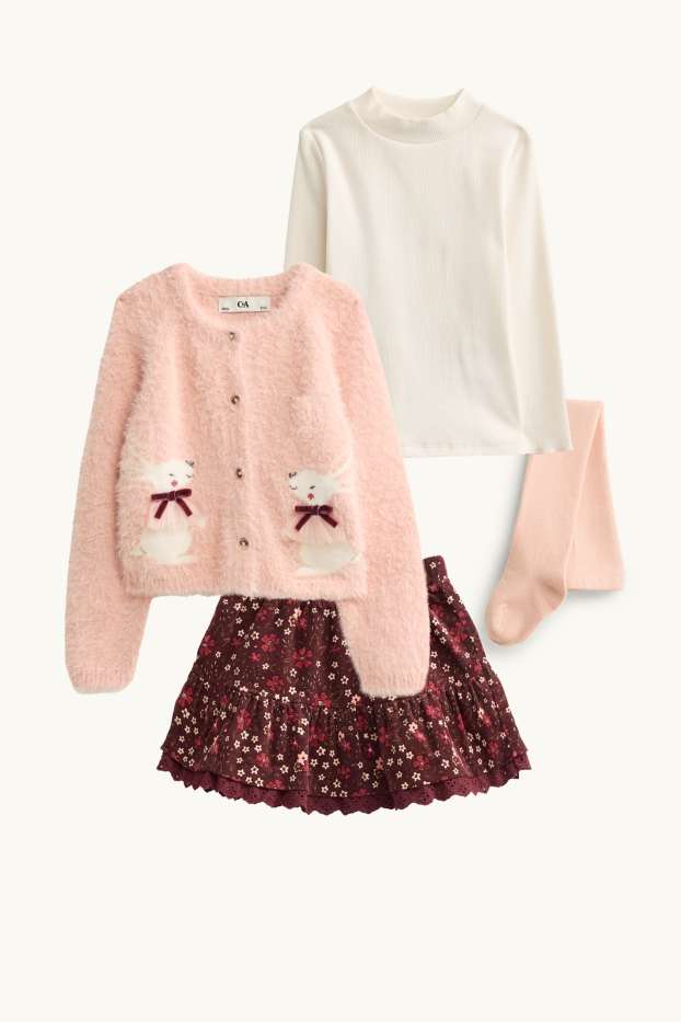 Nena - Conillets - conjunt - faldilla, leotards, jaqueta de punt i jersei - 4 peces - blanc/rosa