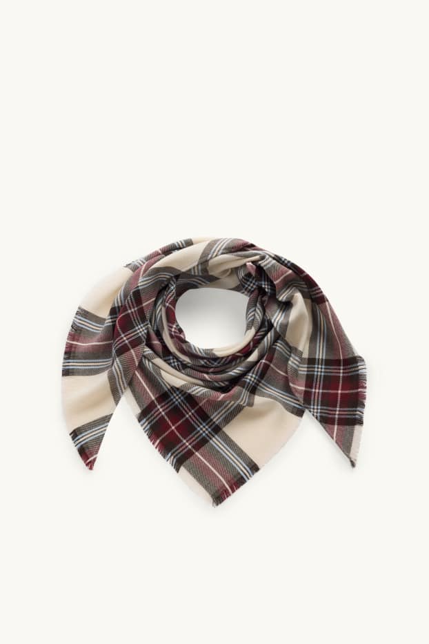Damen - Fransenschal - kariert - beige / bordeaux