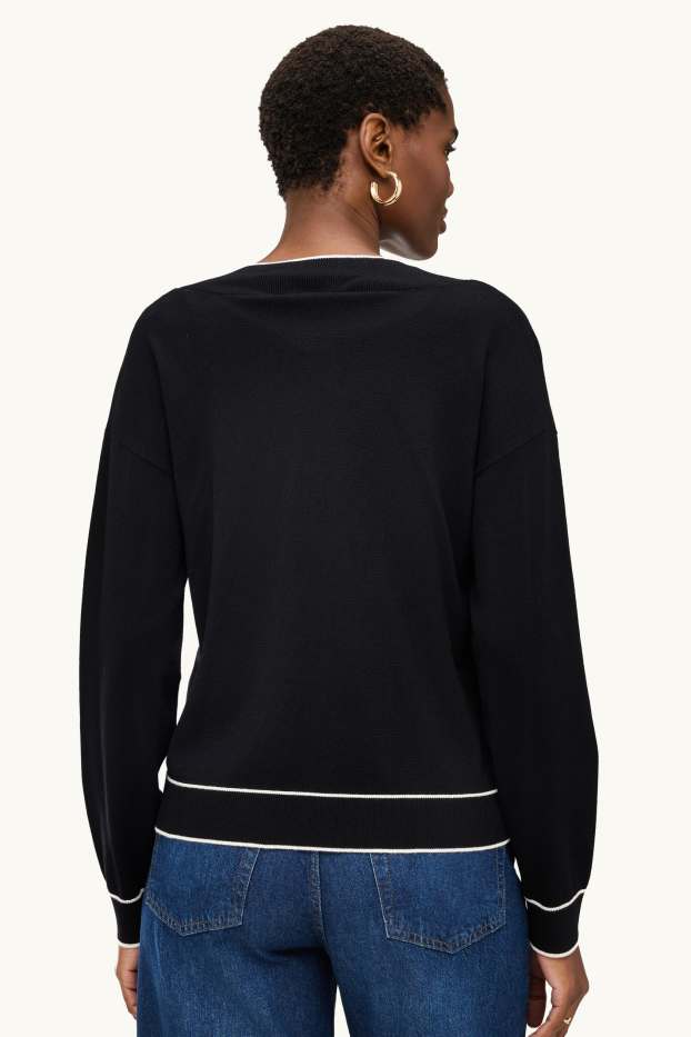 Damen - Pullover mit V-Ausschnitt - schwarz / weiß
