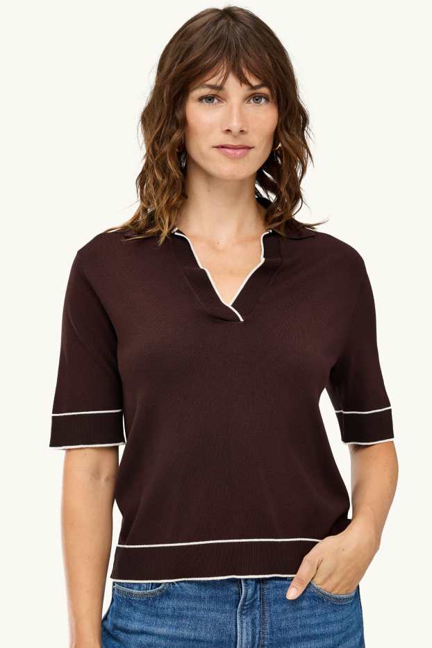 Damen - Strickpullover - kurzarm - dunkelbraun