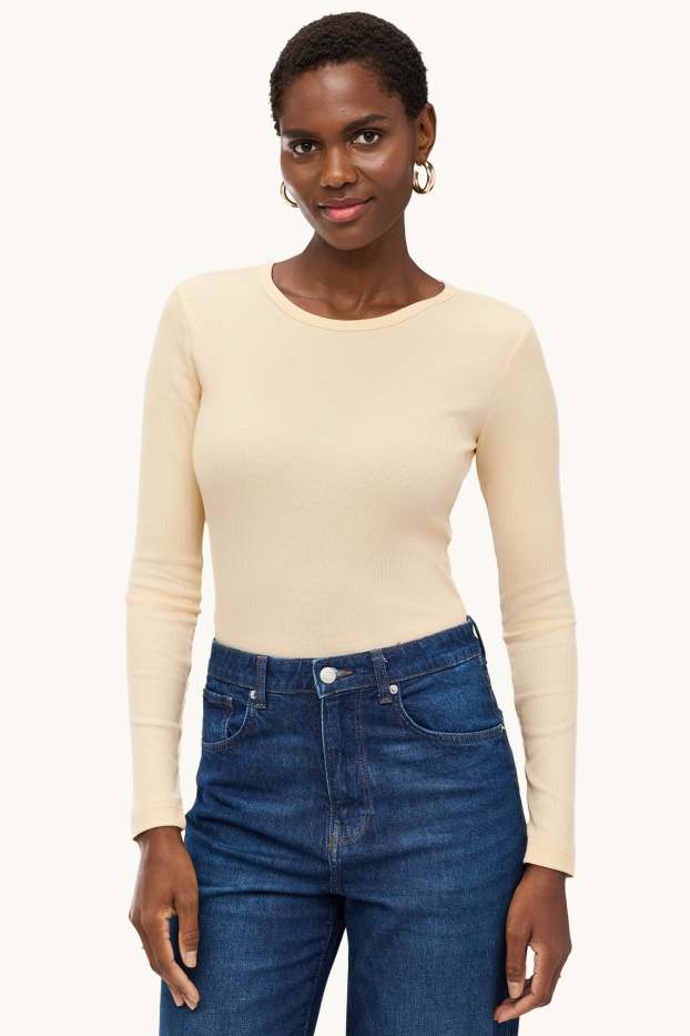 Dames - Longsleeve - slim fit - geribd - lichtgeel