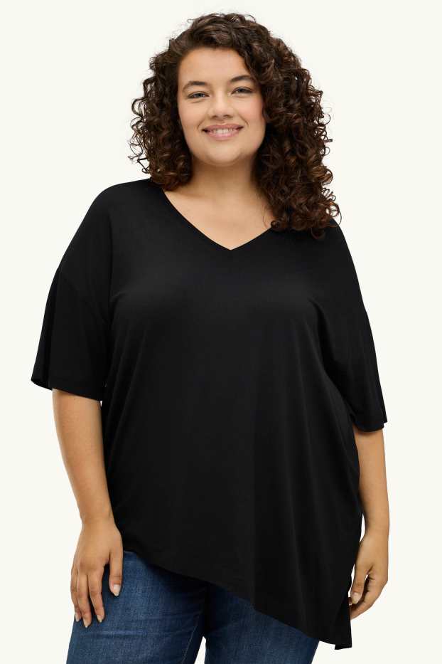 Femei - Tricou cu decolteu în V - relaxed fit - negru