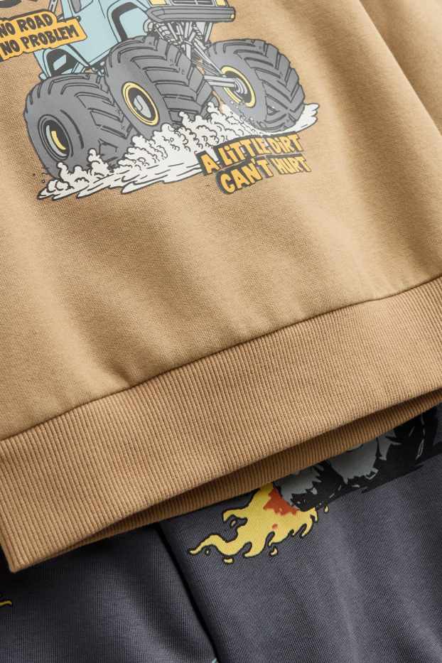 Bambini - Confezione da 2 - Monster Truck - felpa con cappuccio e maglia felpata girocollo - marrone chiaro