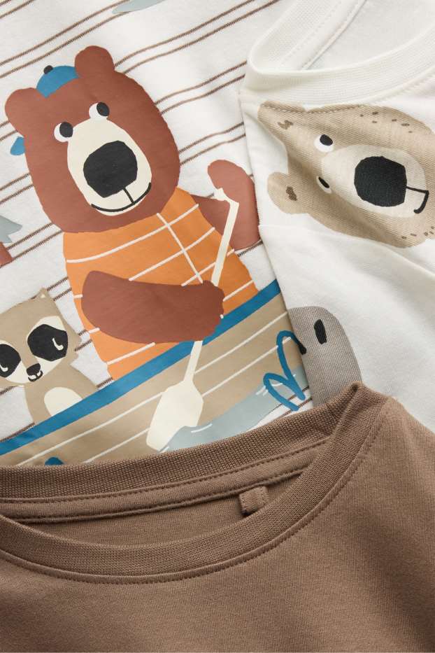 Kinder Buben - Multipack 3er - Tiere und Abenteuer - Langarmshirt - braun / cremeweiß
