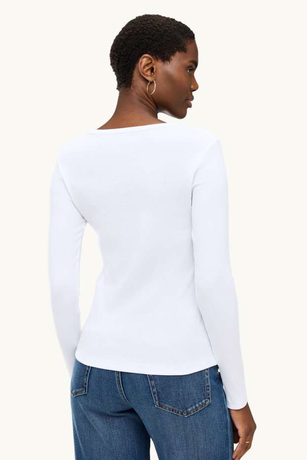 Femmes - Haut à manches longues avec encolure en V - slim fit - blanc