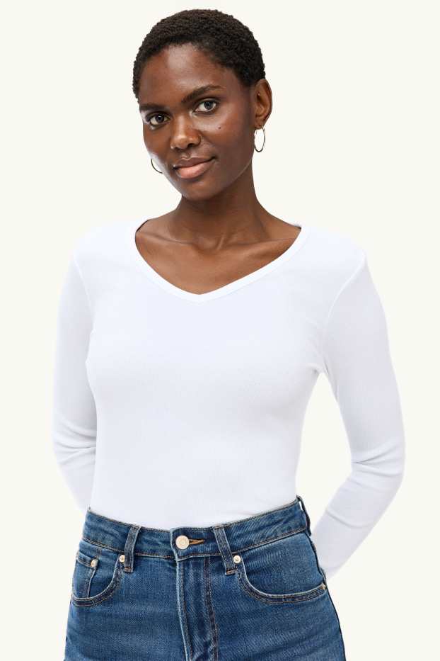 Femmes - Haut à manches longues avec encolure en V - slim fit - blanc