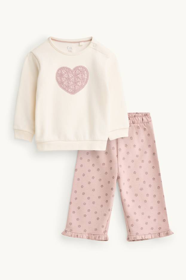 Baby Mädchen - Herzchen und Blümchen - Baby-Outfit - 2 teilig - weiß / rosa