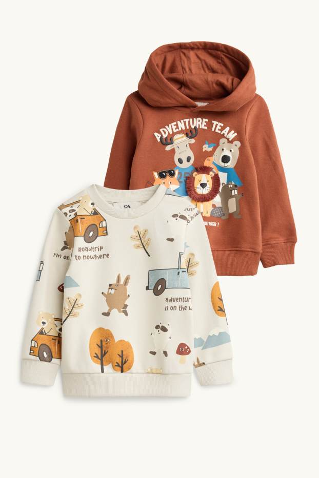 Enfants garçons - Lot de 2 - animaux et aventure - sweat à capuche et sweat - beige / marron