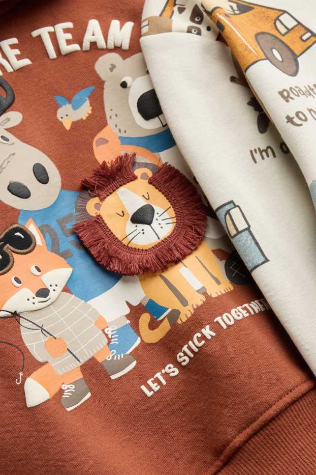 Enfants garçons - Lot de 2 - animaux et aventure - sweat à capuche et sweat - beige / marron