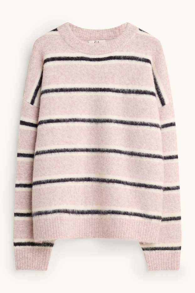 Damen - Pullover - gestreift - schwarz / rosa