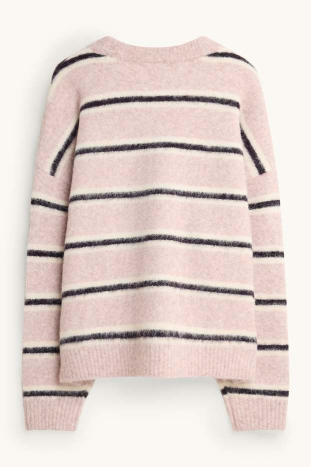 Damen - Pullover - gestreift - schwarz / rosa