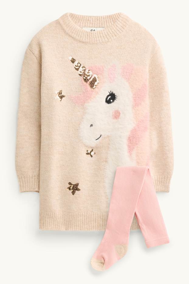 Children Girls - Unicorn - set - knitted dress and tights - 2 piece - rose