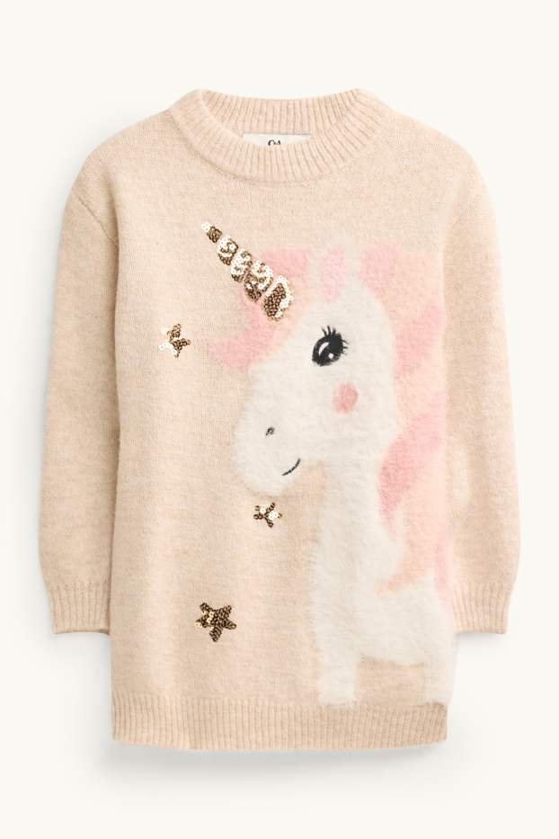 Children Girls - Unicorn - set - knitted dress and tights - 2 piece - rose