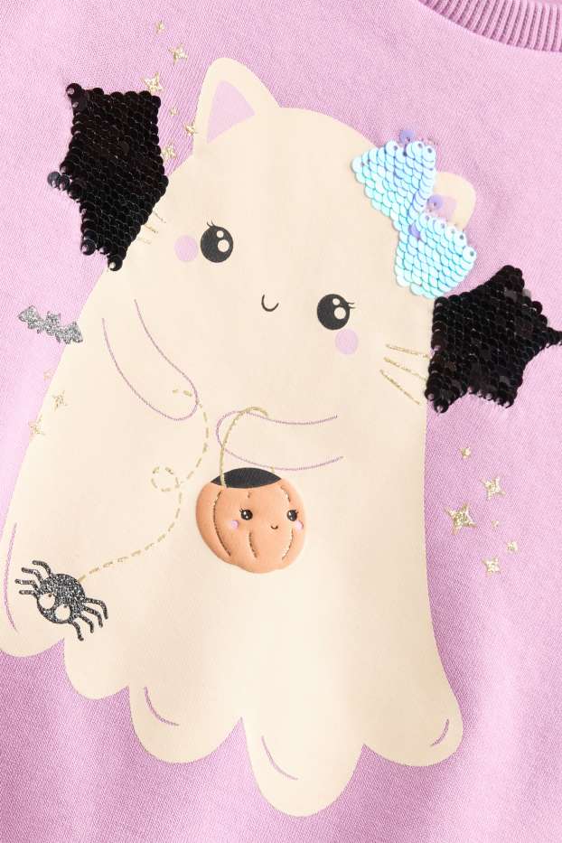 Enfants filles - Halloween - chat et fantôme - sweat - effet brillant - rose