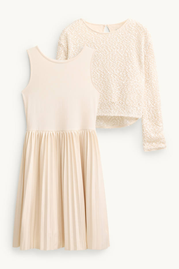 Bambine - Set - vestito e maglia a maniche lunghe - 2 pezzi - tessuto tramato - crema