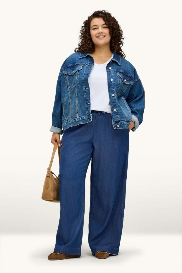 Donna - Pantaloni di stoffa - vita alta - gamba ampia - effetto jeans - jeans blu