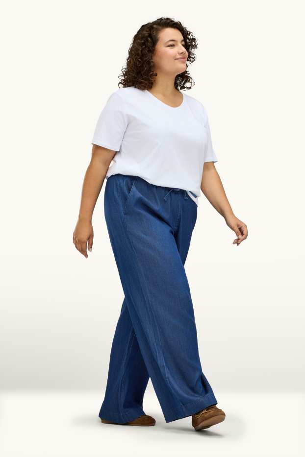 Donna - Pantaloni di stoffa - vita alta - gamba ampia - effetto jeans - jeans blu