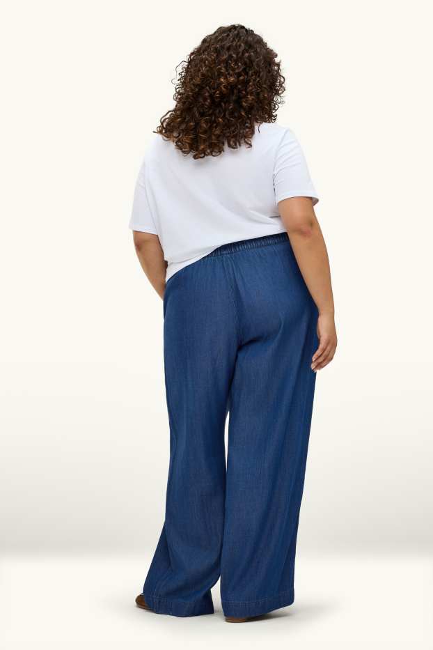 Donna - Pantaloni di stoffa - vita alta - gamba ampia - effetto jeans - jeans blu