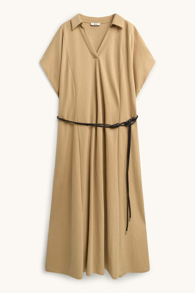 Damen - Fit & Flare Kleid mit Gürtel und V-Ausschnitt - beige