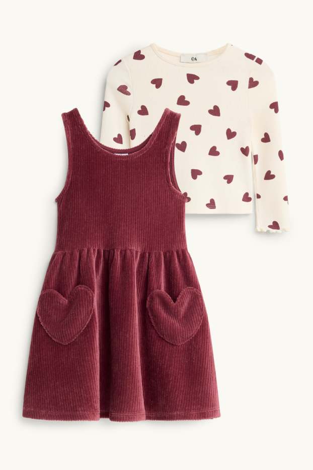 Children Girls - Heart - set - corduroy dress and long sleeve top - 2 piece - bordeaux